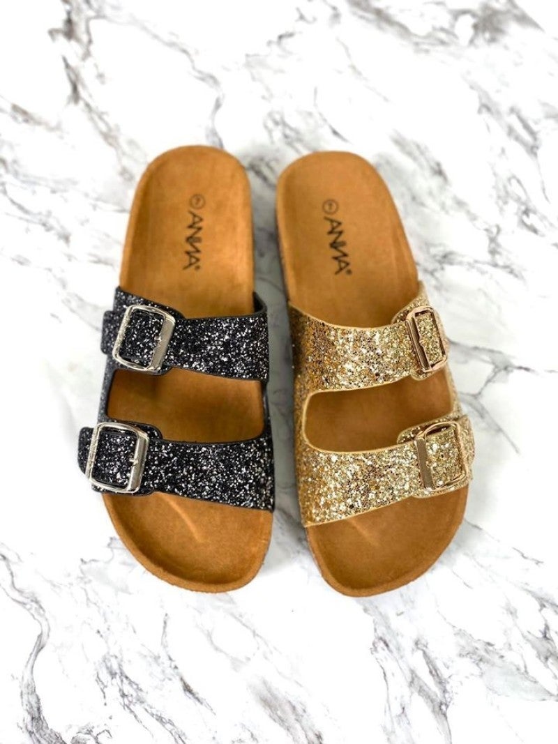double buckle glitter sandals