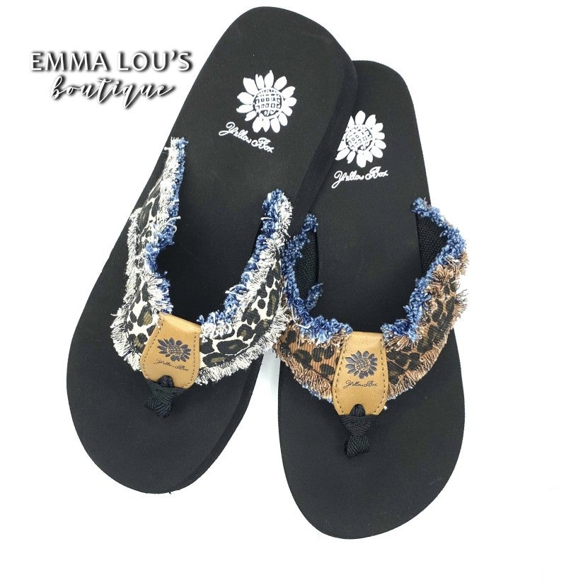 yellow box leopard flip flops