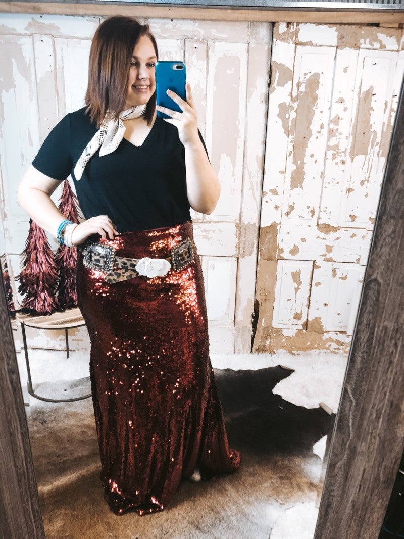 burgundy sequin maxi skirt