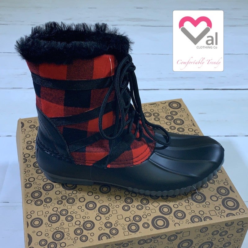 red and black checkered duck boots